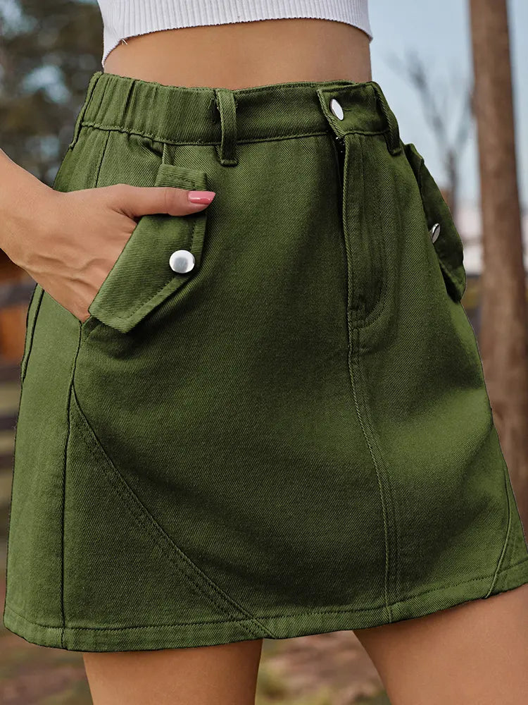 Elastic Waist Washed Denim Mini Skirt