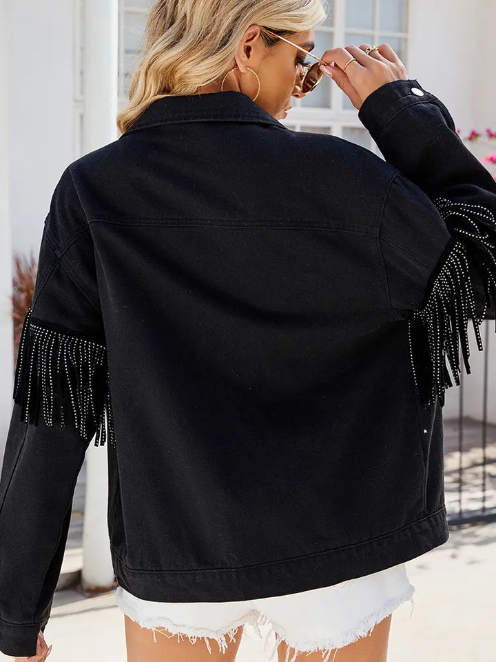 Studded Fringe Black Denim Jacket