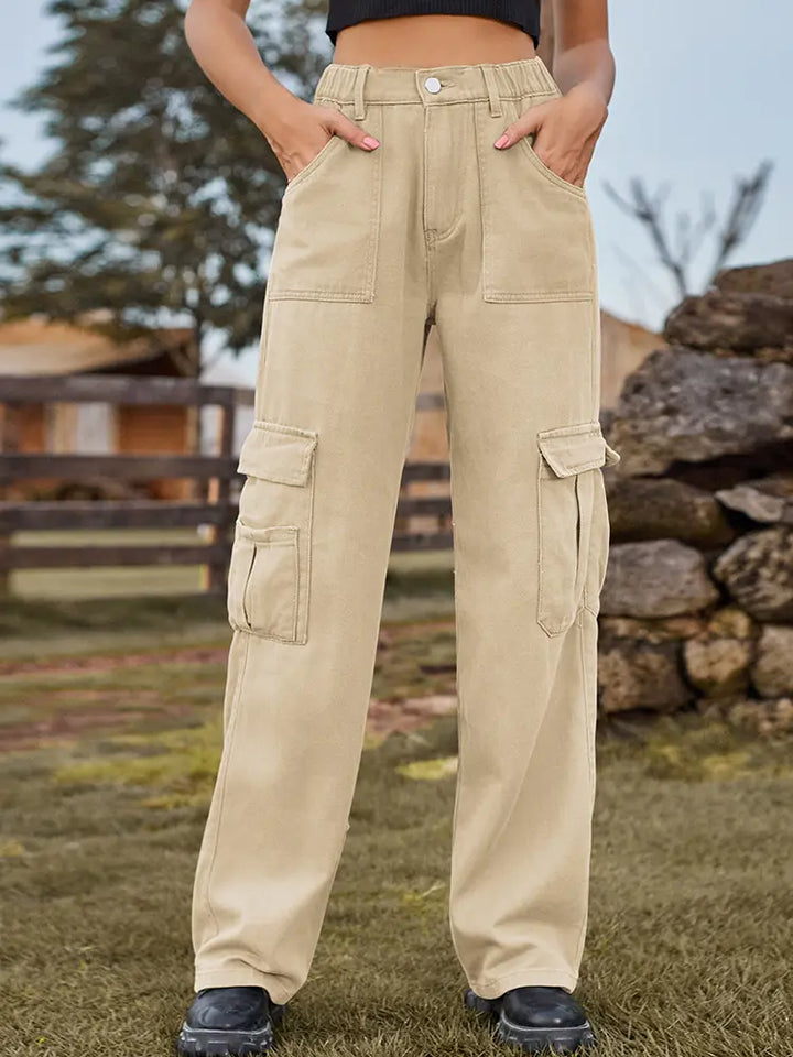 American Style Elastic-Waist Denim Cargo Pants