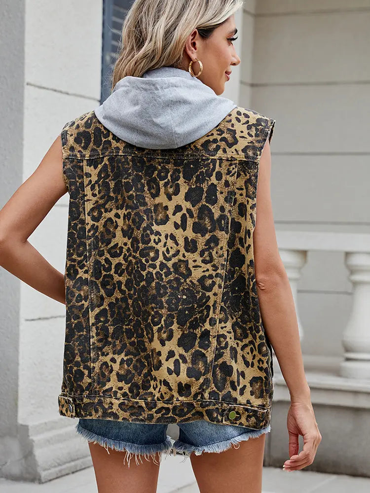 Fashionable Leopard Print Hooded Vest Top