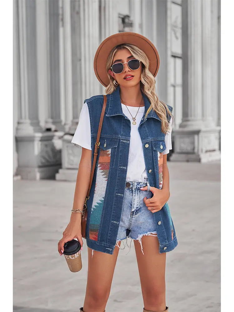 Retro Geometric Patchwork Denim Vest