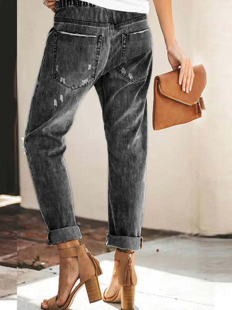 Autumn Drawstring Ripped Denim Pants