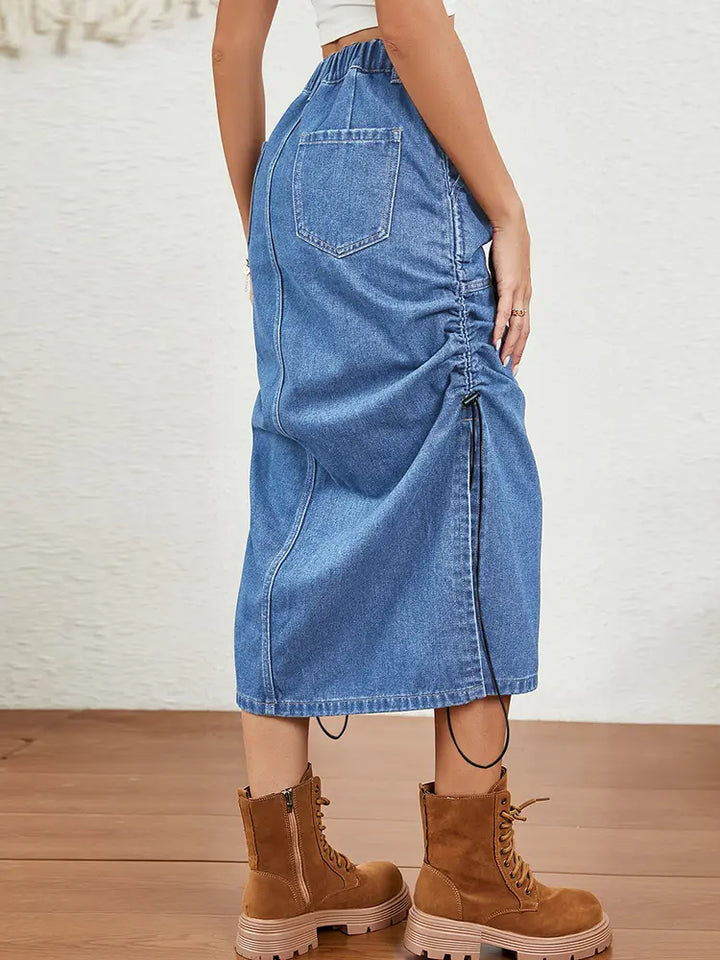 Relaxed Drawstring Denim Midi Skirt