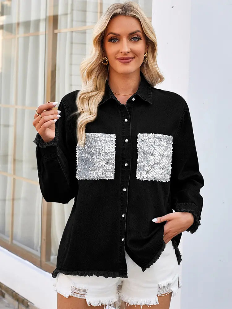 Loose Frayed Denim Shirt with Sequin Pocket