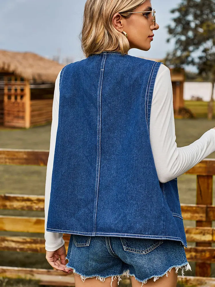 Trendy Denim Vest with Heart Buttons