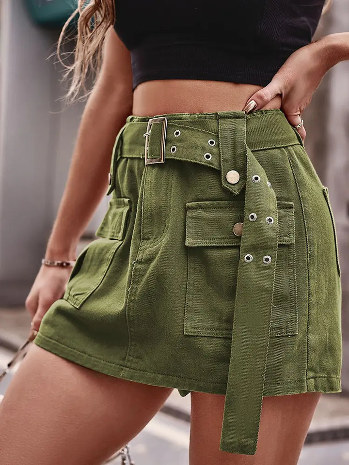 Elastic Waist Denim Cargo Skirt-Pants