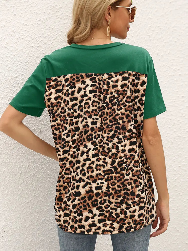 Loose-Fit Leopard Print Patchwork T-Shirt