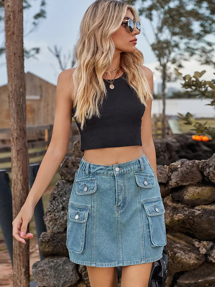 Summer Utility Denim Mini Skirt