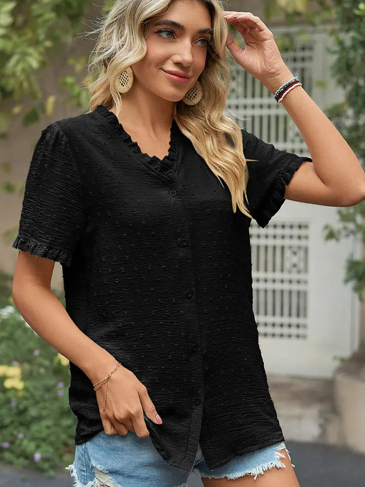 Chic Princess-Sleeve Cutwork Chiffon Blouse