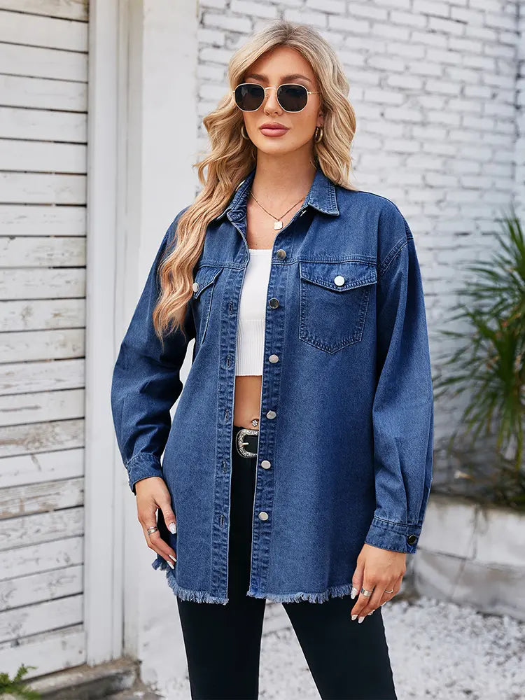 Frayed Hem Washed Denim Shirt