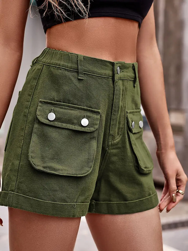 Trendy Elastic Waist Denim Cargo Shorts