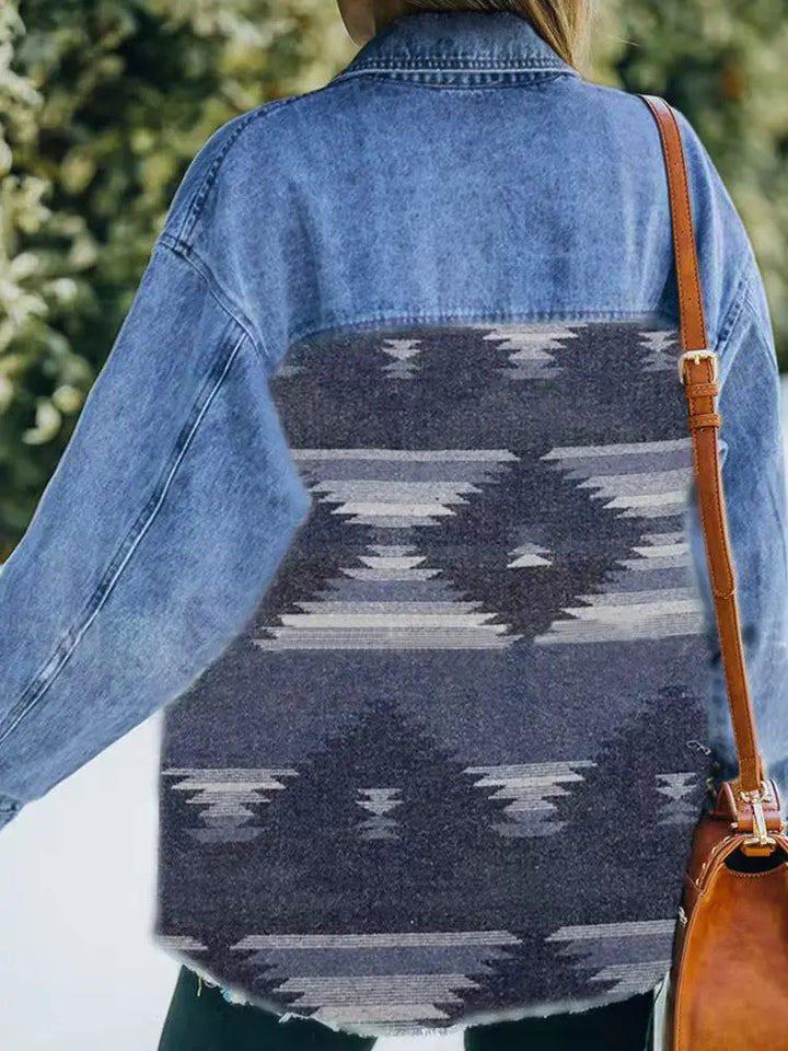 Boho Geometric Patchwork Denim Wool Coat