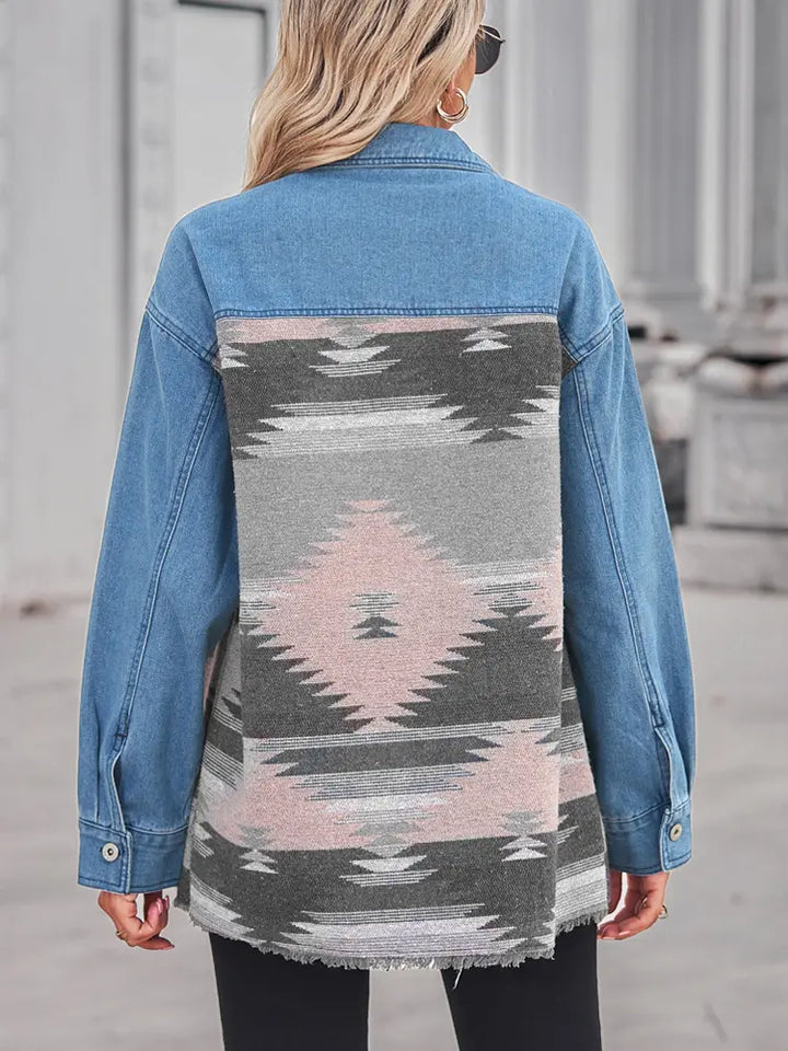 Aztec Geometric Long Denim Patchwork Wool Coat