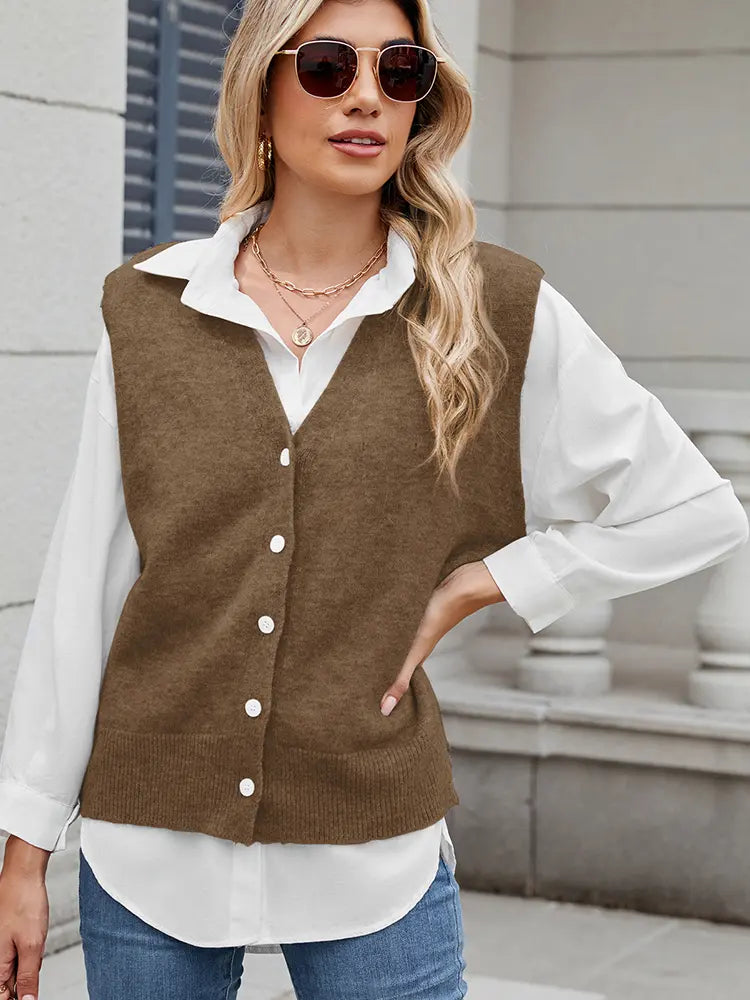 Trendy Button-Up Knit Vest Sweater