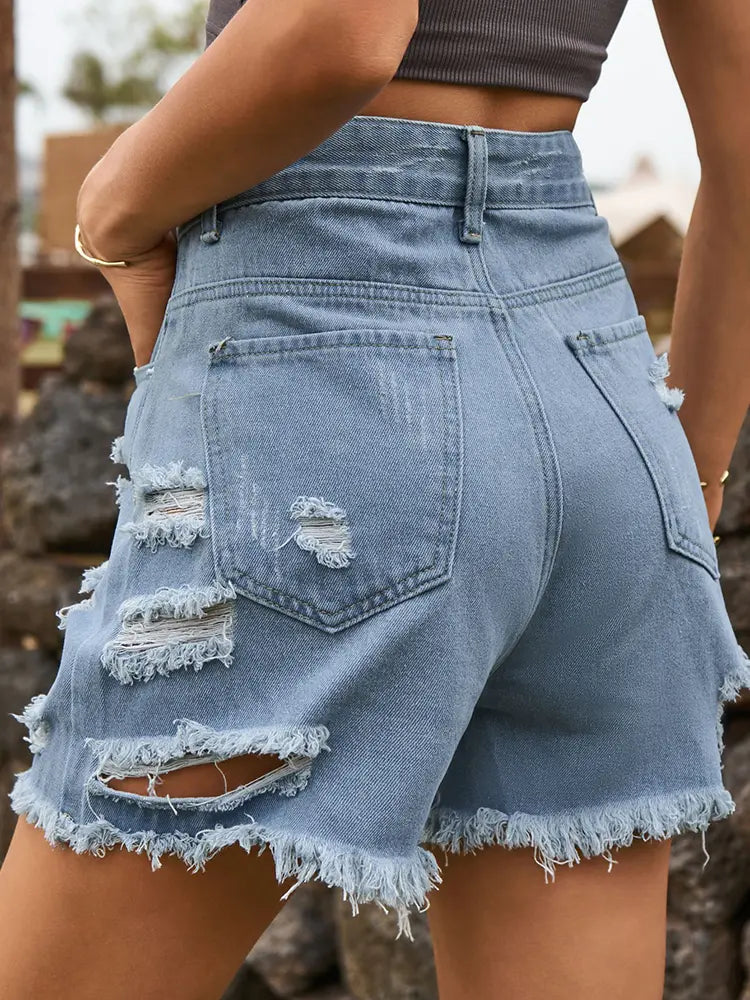 Asymmetrical Distressed Frayed Denim Shorts