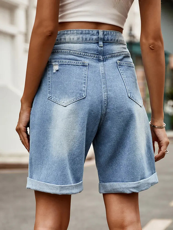 Distressed Cuffed Denim Bermuda Shorts