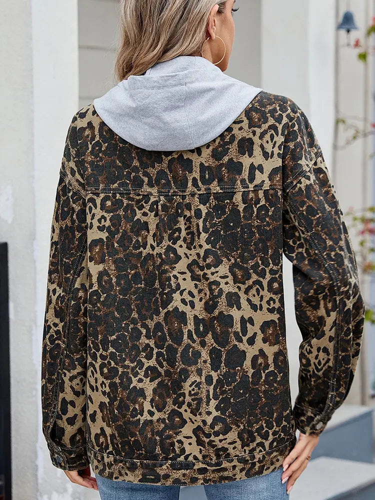 Washed Leopard Print Hooded Denim Jacket