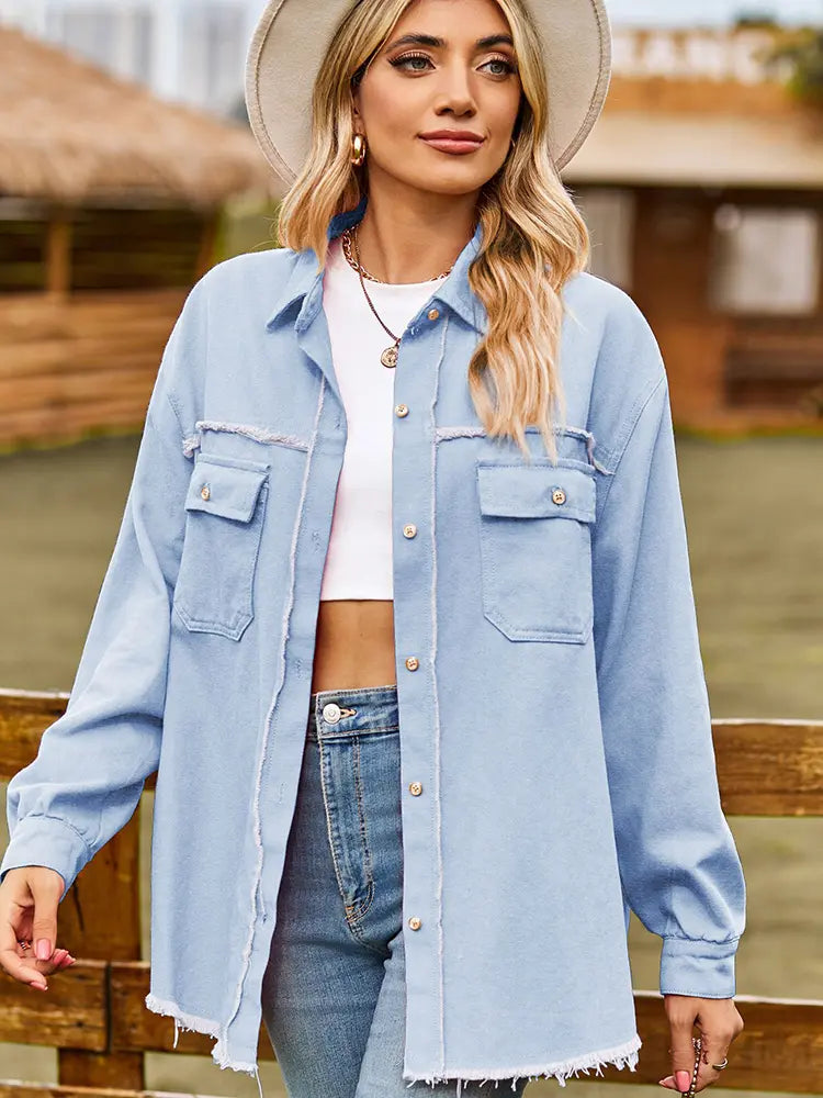 Frayed Hem Washed Denim Fringe Shirt