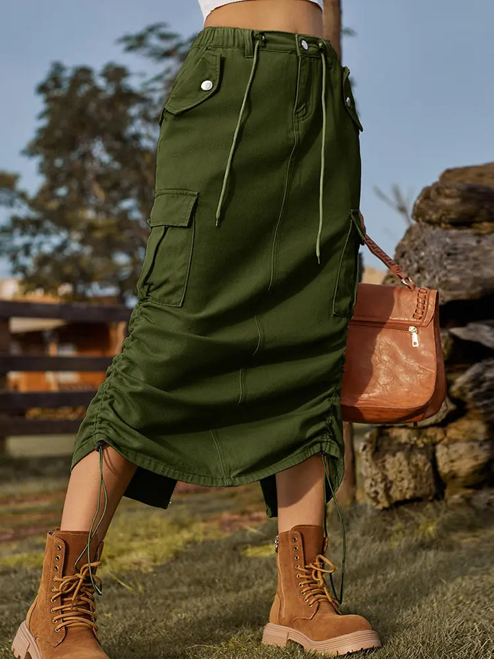 Drawstring Elastic Waist Cargo Midi Skirt