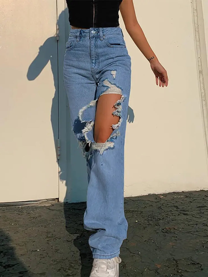 Summer Loose Straight-Leg Ripped Jeans