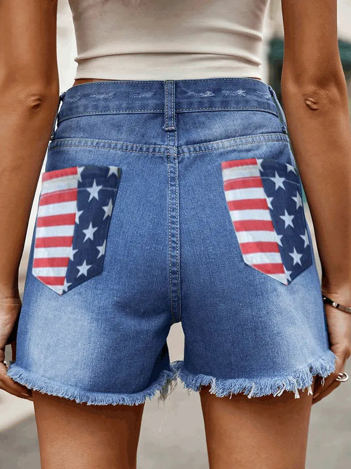 Flag Print Distressed Button-Up Denim Shorts