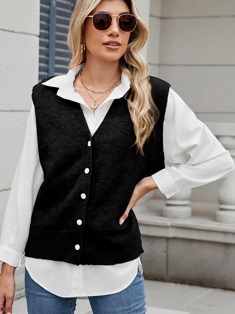 Trendy Button-Up Knit Vest Sweater