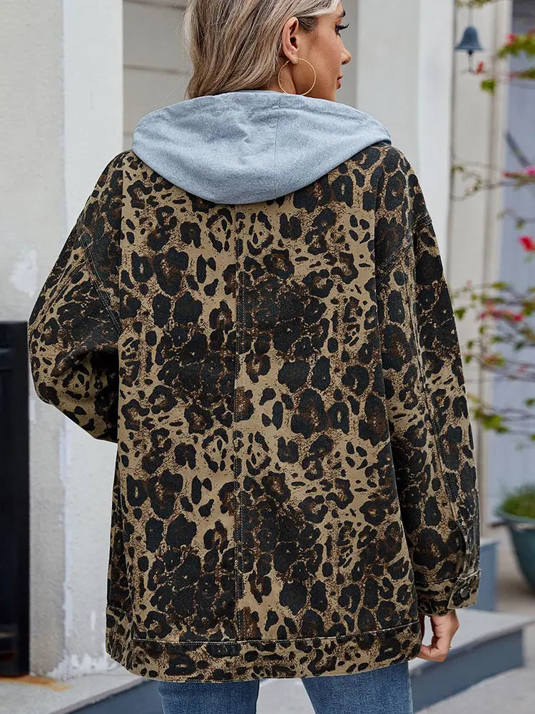 Oversized Leopard Print Hooded Denim Jacket