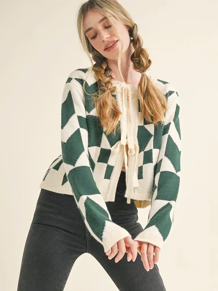 Geometric Print Lace-Up Cardigan Sweater