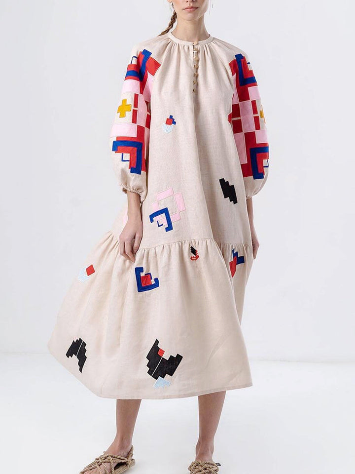 Loose Fit Printed Lantern Sleeve Casual Dress