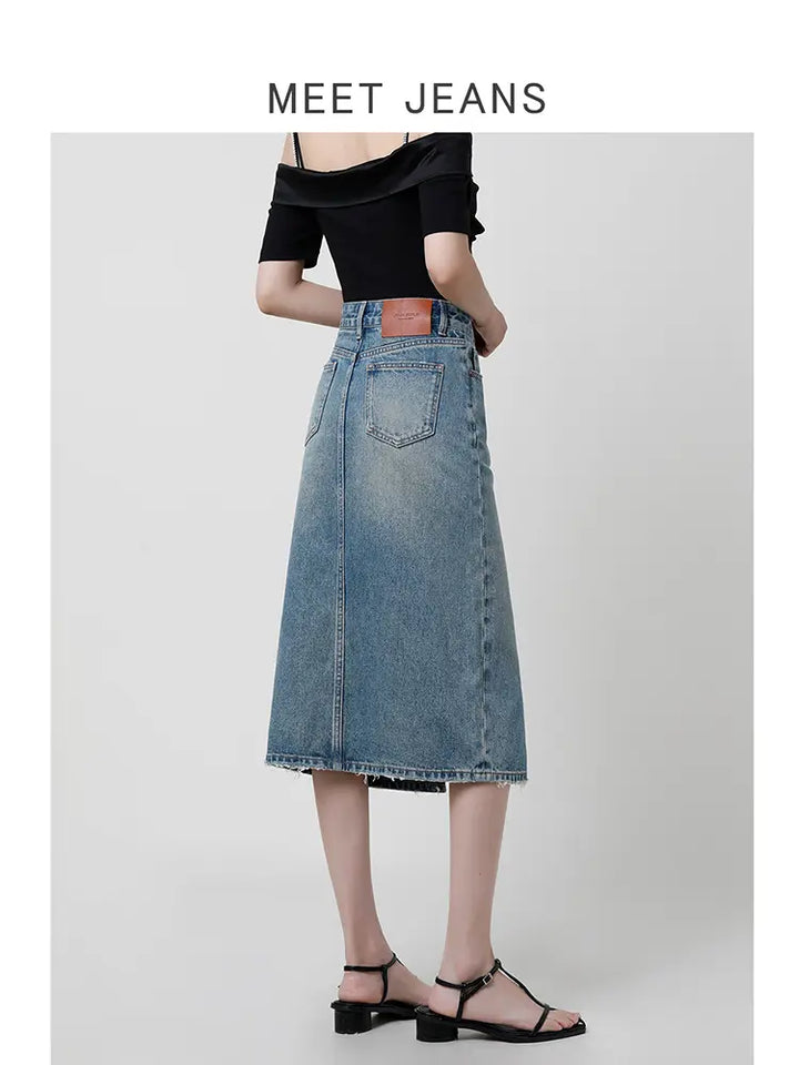 High-Waist Slit Denim Skirt