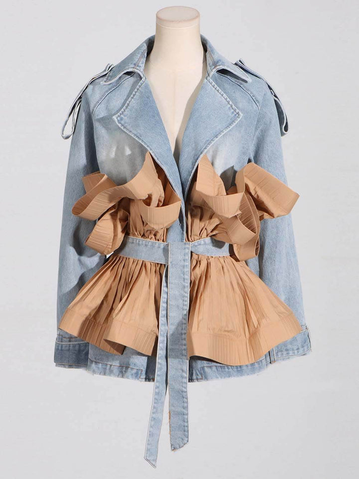 Trendy Contrast Color Ruffled Pleated Lace-Up Denim Jacket