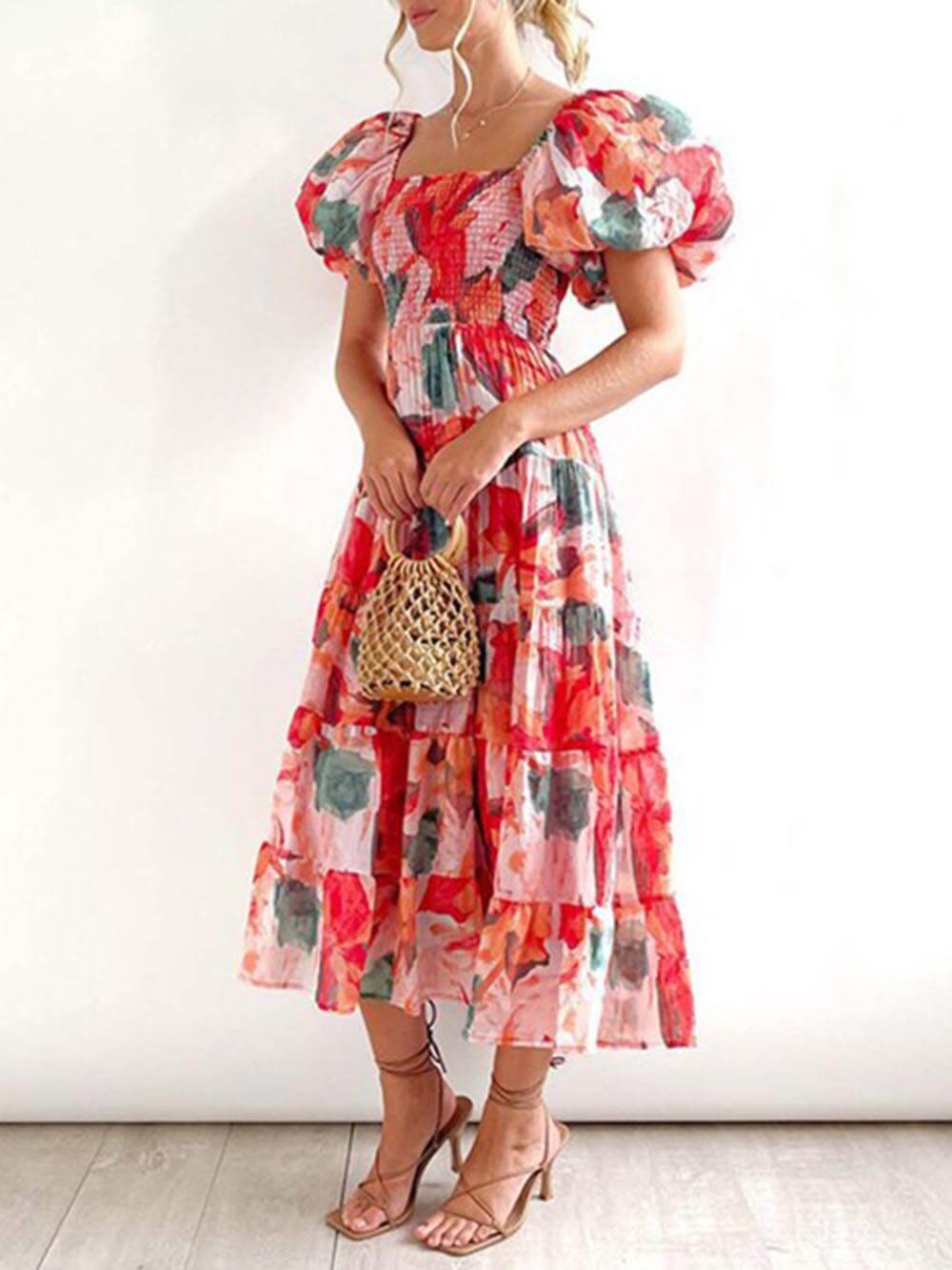 Floral Printed Smocked Tiered Fit Flare Midi Dress