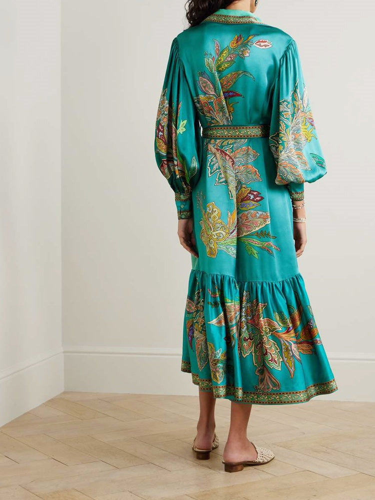 Collared Vintage Print Lantern Sleeve Dress