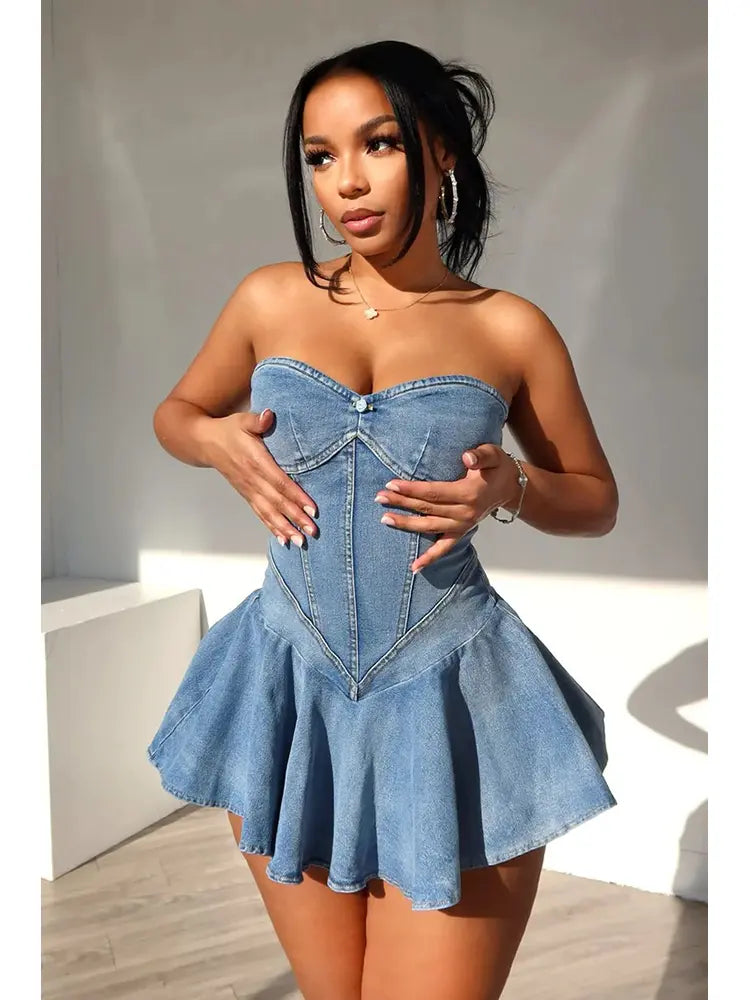 Strapless Ruffle Denim Dress