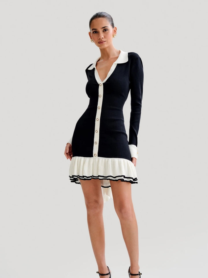 Ruffled Pearl Button Knit Mini Dress