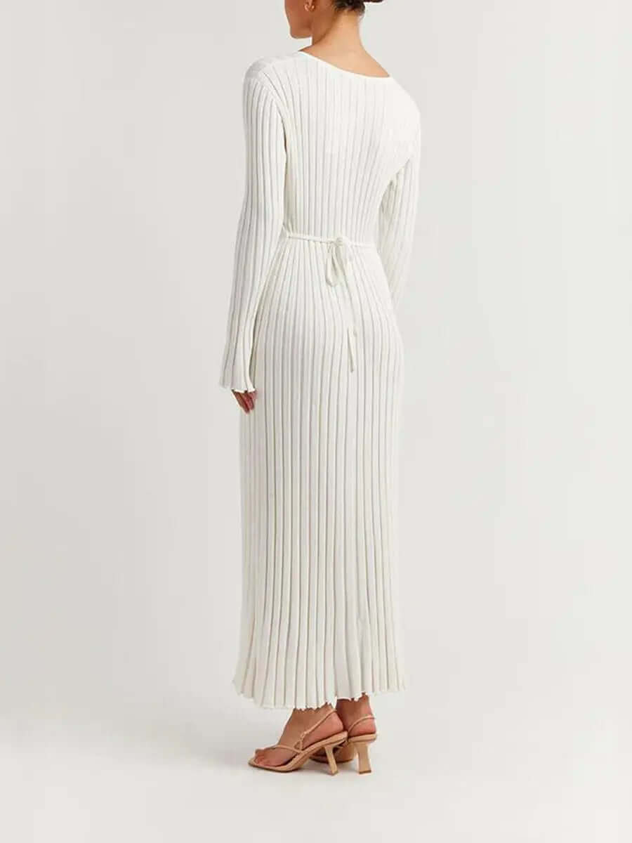 V Neck Flounce Sleeve Pit Strip Knitting Maxi Dress