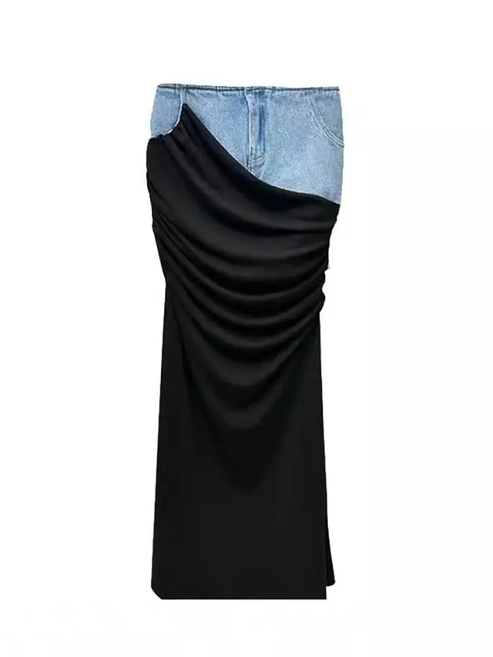 Black Ruched Denim Skirt