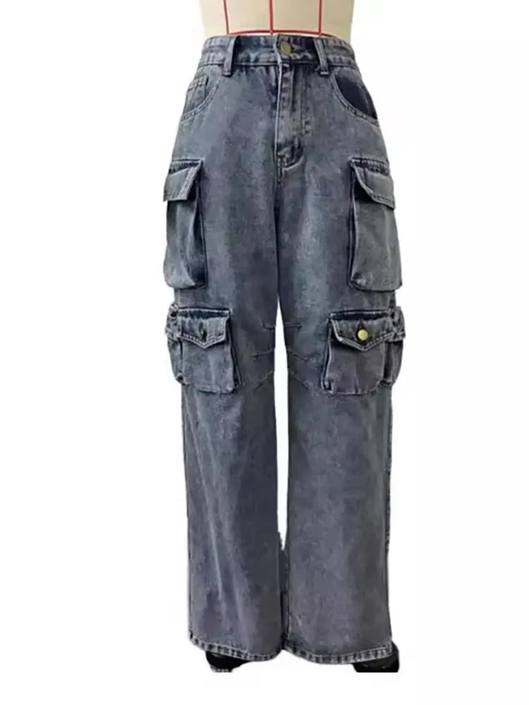 High-Waisted Cargo Jeans Trousers