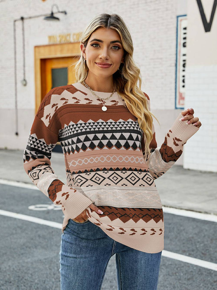 Jacquard Multicolor Patchwork Knit Sweater