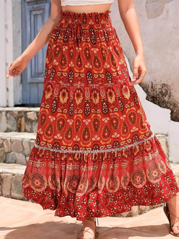 Bohemian Shirred High Waist Skirt In Red