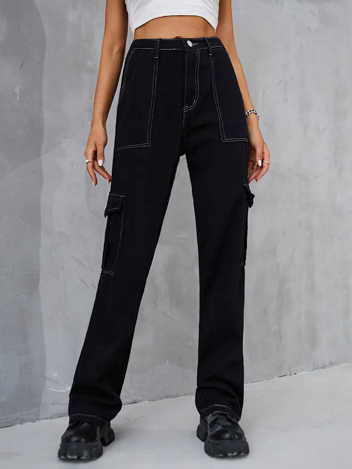 Vintage Elastic Waist Relaxed Fit Denim Cargo Pants