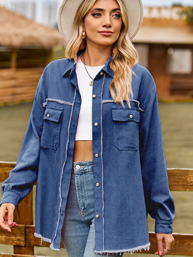 Frayed Hem Washed Denim Fringe Shirt