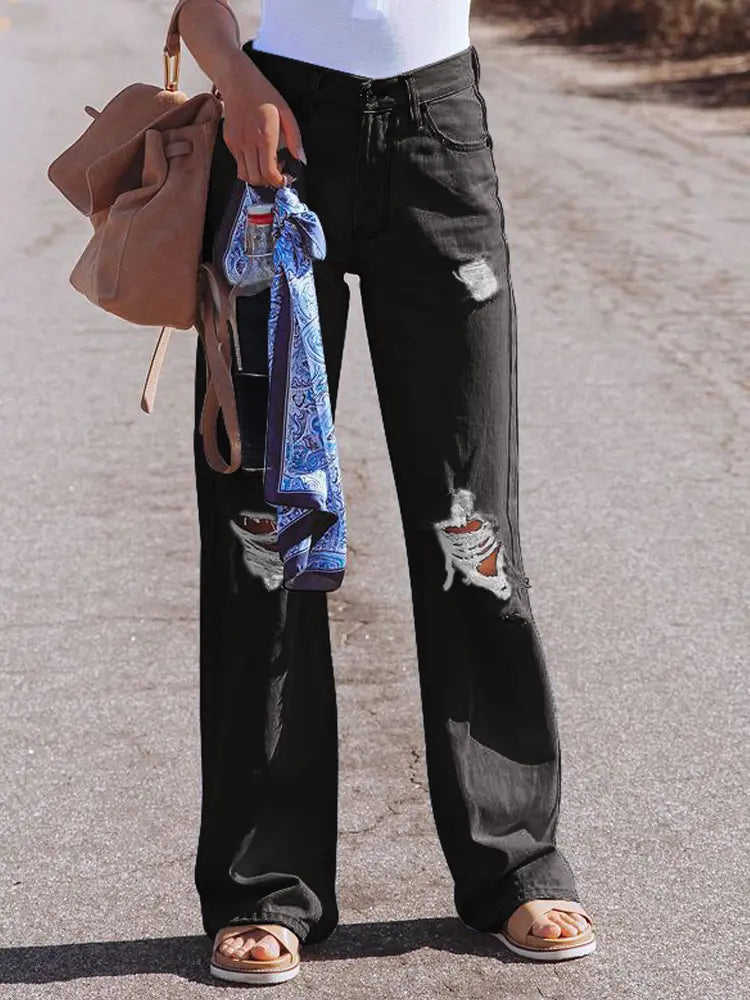 High-Waist Distressed Wide-Leg Jeans