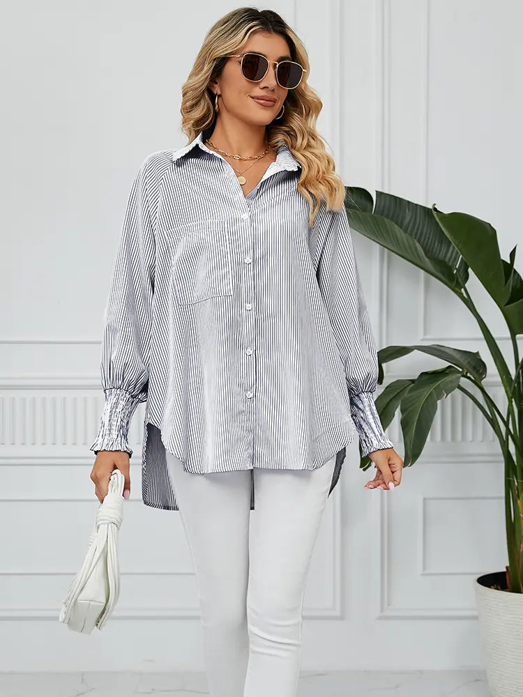 Loose-Fit Pleated Cuff Striped Shirt