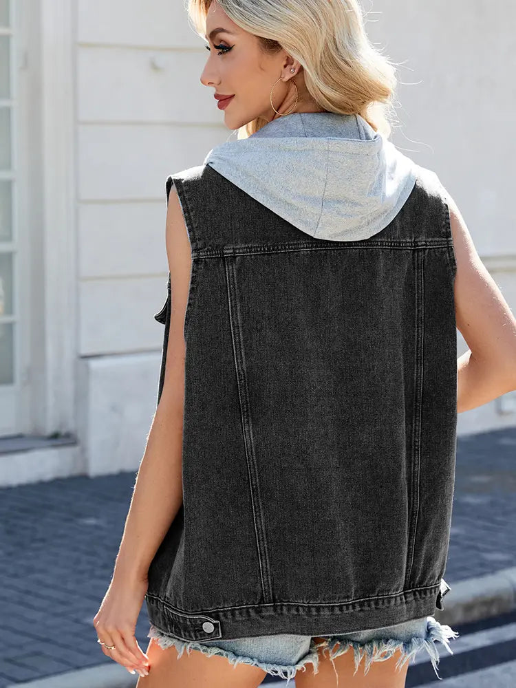 Trendy Casual Hooded Denim Vest Jacket