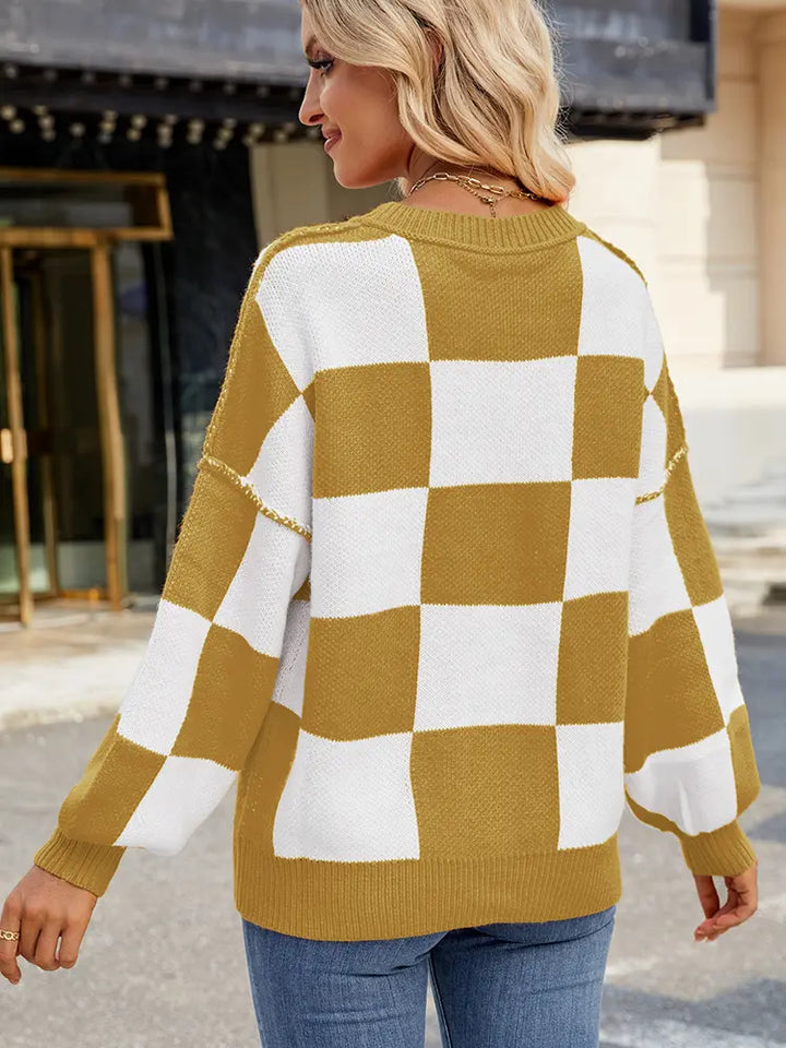 Plaid Color-Block Pullover Sweater