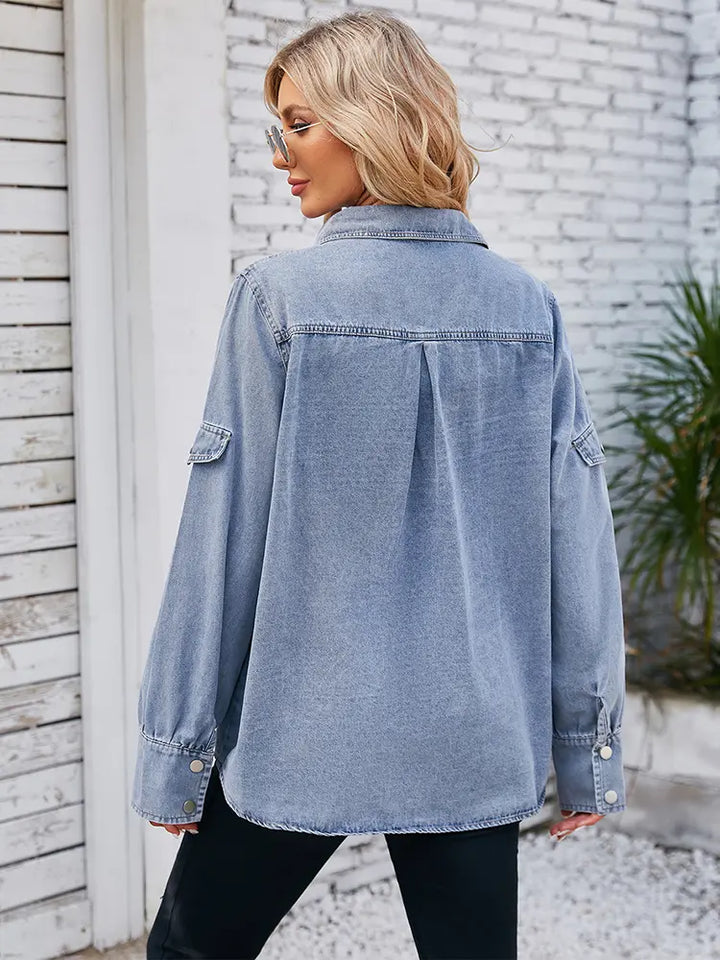 Spring Four-Button Long Sleeve Denim Shirt