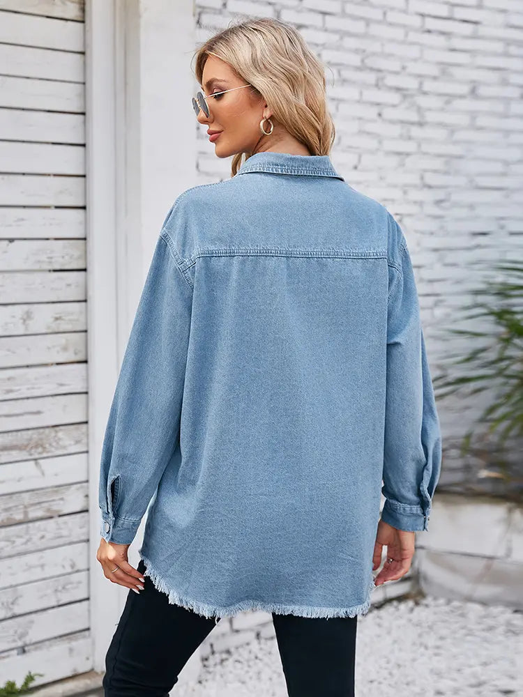 Frayed Hem Washed Denim Shirt