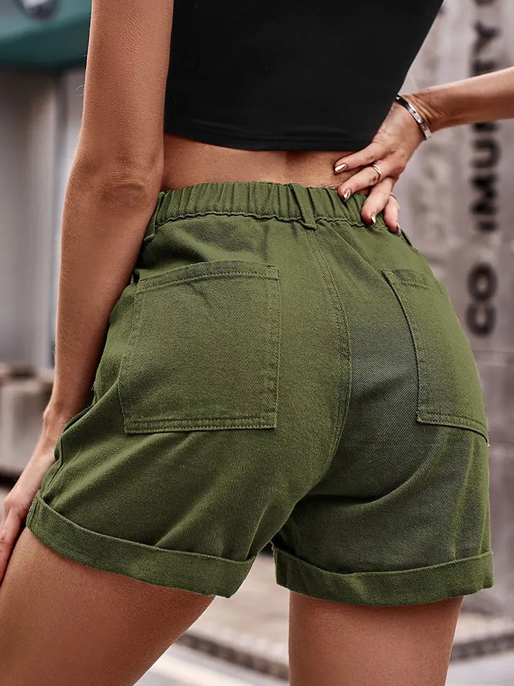 Trendy Elastic Waist Denim Cargo Shorts