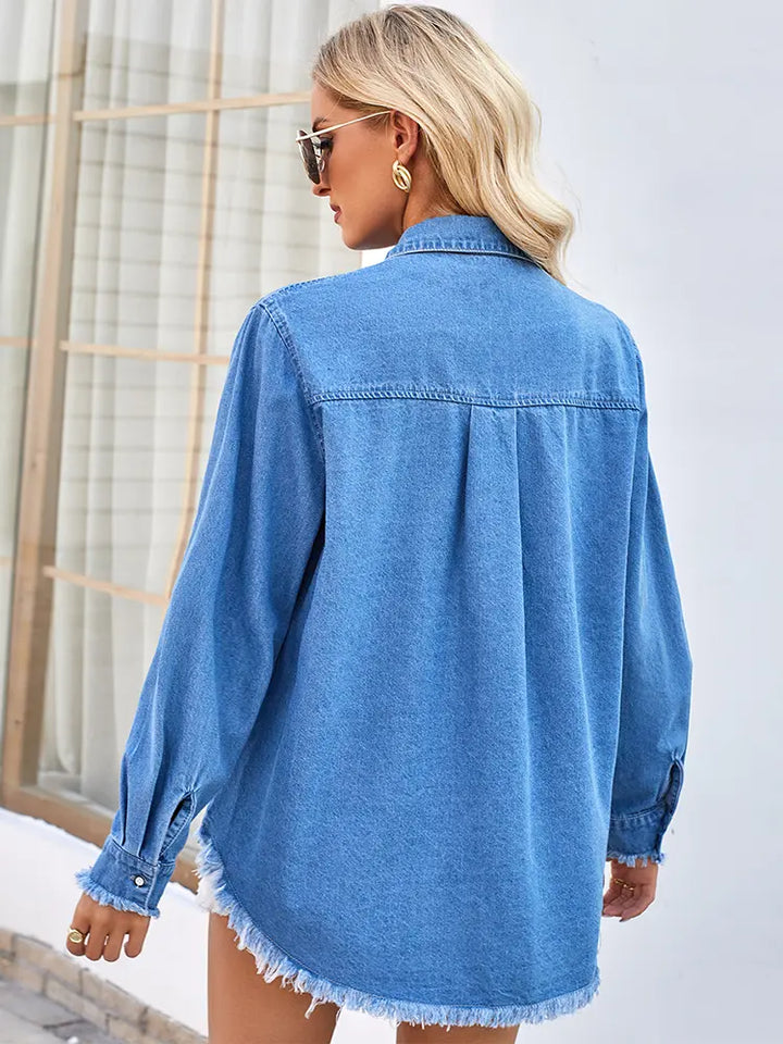 Loose Frayed Denim Shirt with Sequin Pocket